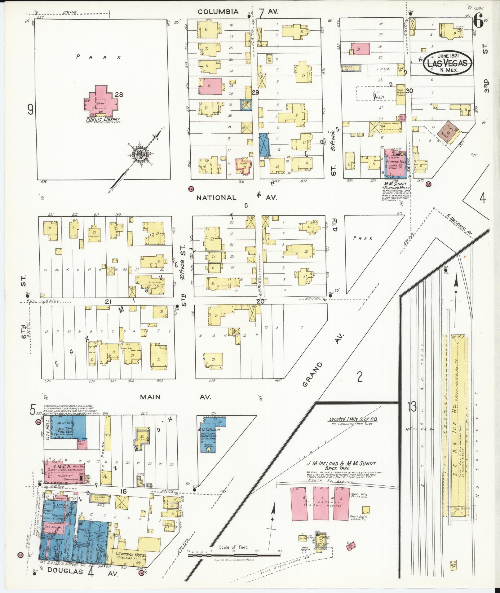 Sanborn Fire Insurance Map from Las Vegas, San Miguel County, New Mexico (1921), Sheet #0006 - Historic Sanborn Fire Insurance Map Print, vintage old map wall art, antique decor, genealogy gift, New Mexico New Mexico map