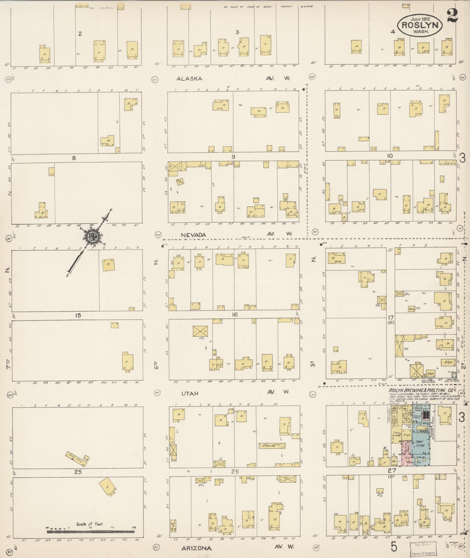Sanborn Fire Insurance Map from Roslyn, Kittitas County, Washington (1912), Sheet #0002 - Historic Sanborn Fire Insurance Map Print, vintage old map wall art, antique decor, genealogy gift, Washington Washington map