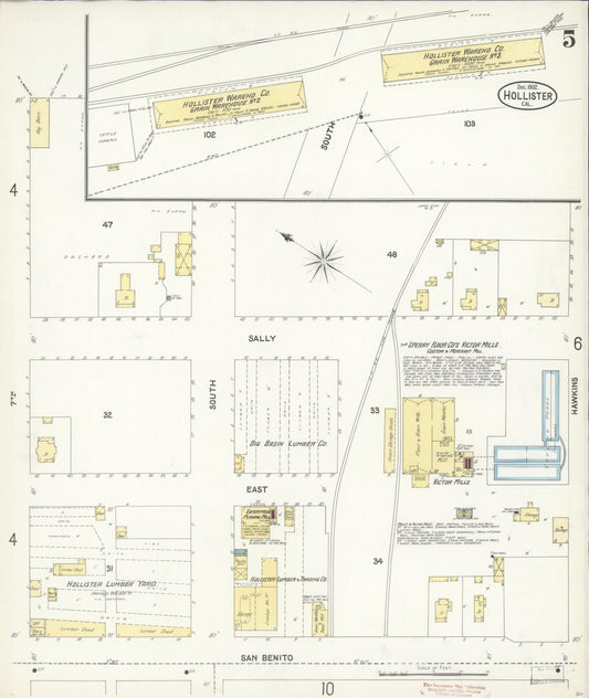Sanborn Fire Insurance Map from Hollister, San Benito County, California (1902), Sheet #0005 - Historic Sanborn Fire Insurance Map Print, vintage old map wall art, antique decor, genealogy gift, California California map