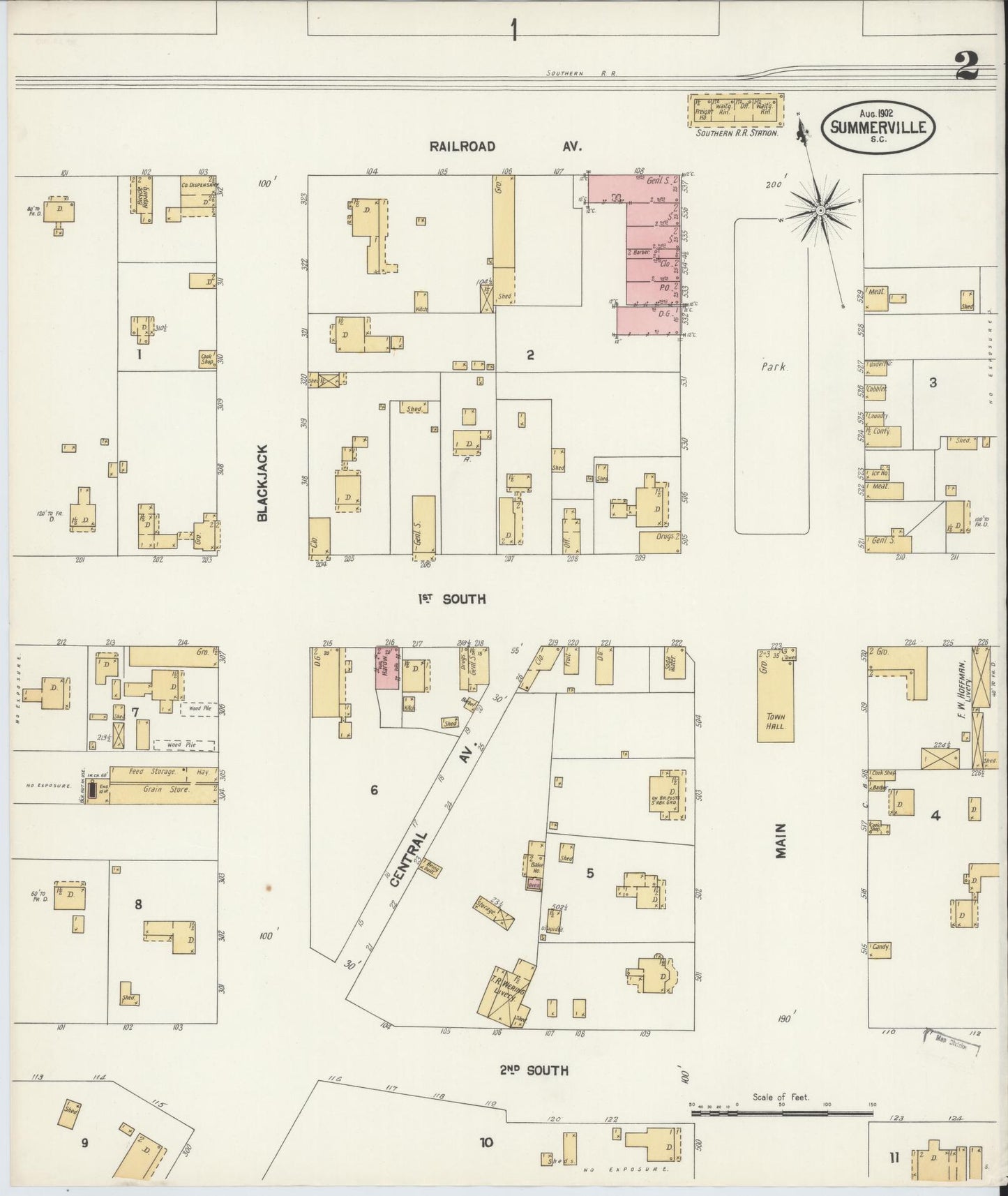 Sanborn Fire Insurance Map from Summerville, Dorchester County, South Carolina (1902), Sheet #0002 - Complete Map Set gallery image, historic Sanborn map, vintage wall art, South Carolina South Carolina