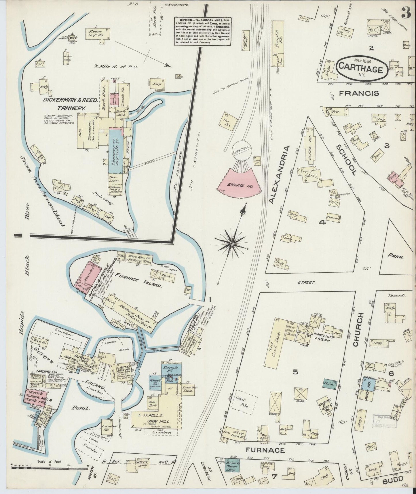 Sanborn Fire Insurance Map from Carthage, Jefferson County, New York (1884), Sheet #0003 - Historic Sanborn Fire Insurance Map Print, vintage old map wall art, antique decor, genealogy gift, New York New York map