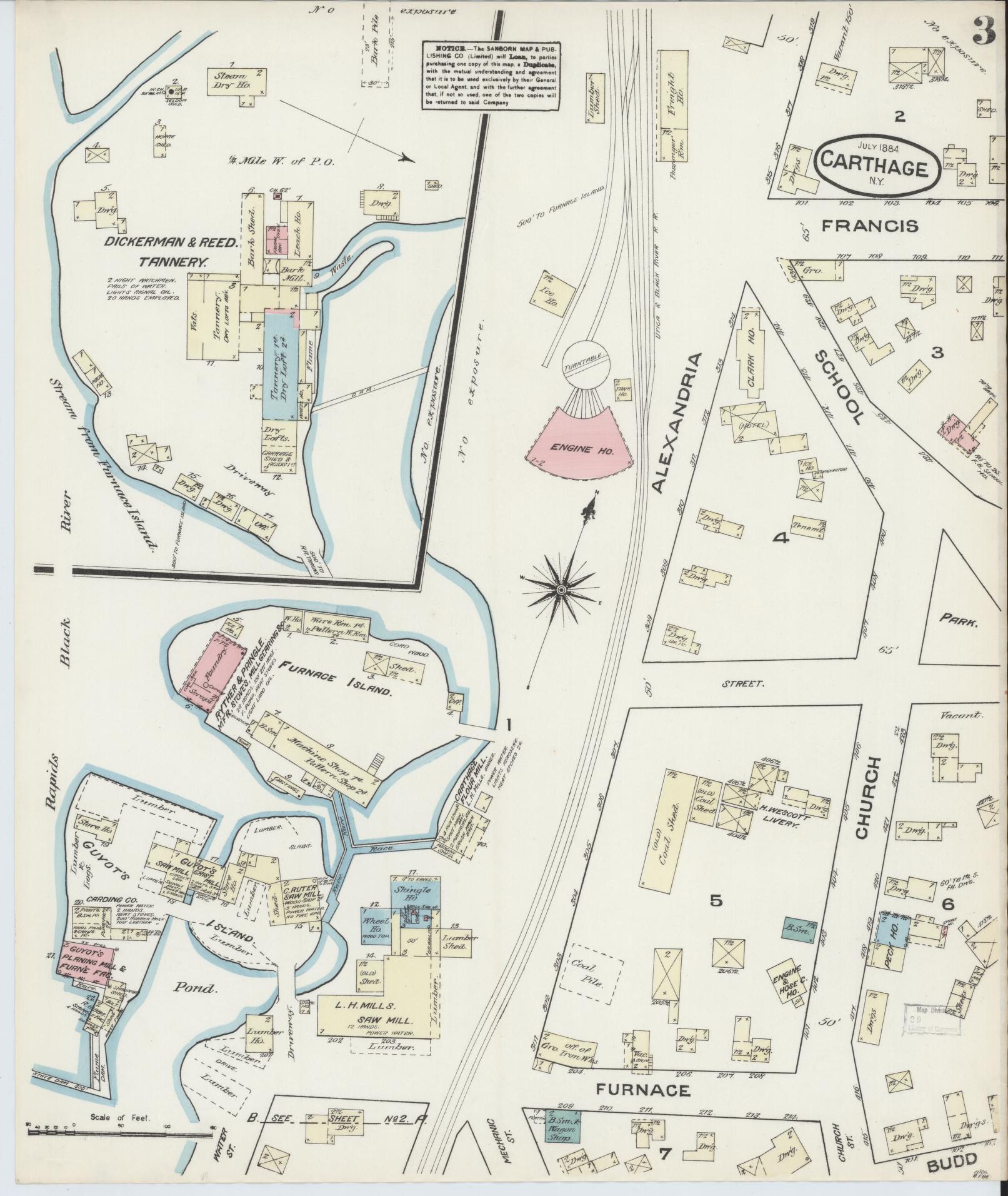 Sanborn Fire Insurance Map from Carthage, Jefferson County, New York (1884), Sheet #0003 - Historic Sanborn Fire Insurance Map Print, vintage old map wall art, antique decor, genealogy gift, New York New York map