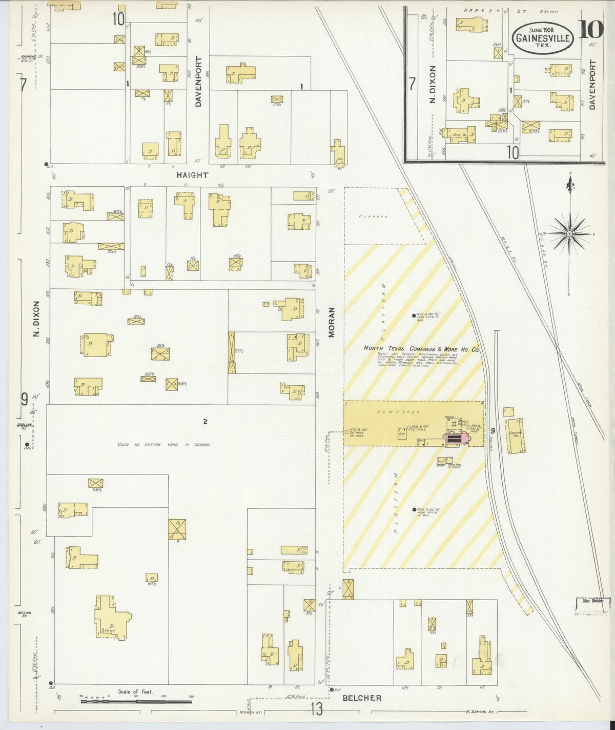 Sanborn Fire Insurance Map from Gainesville, Cooke County, Texas (1908), Sheet #0010 - Historic Sanborn Fire Insurance Map Print, vintage old map wall art, antique decor, genealogy gift, Texas Texas map
