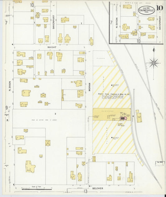 Sanborn Fire Insurance Map from Gainesville, Cooke County, Texas (1908), Sheet #0010 - Historic Sanborn Fire Insurance Map Print, vintage old map wall art, antique decor, genealogy gift, Texas Texas map