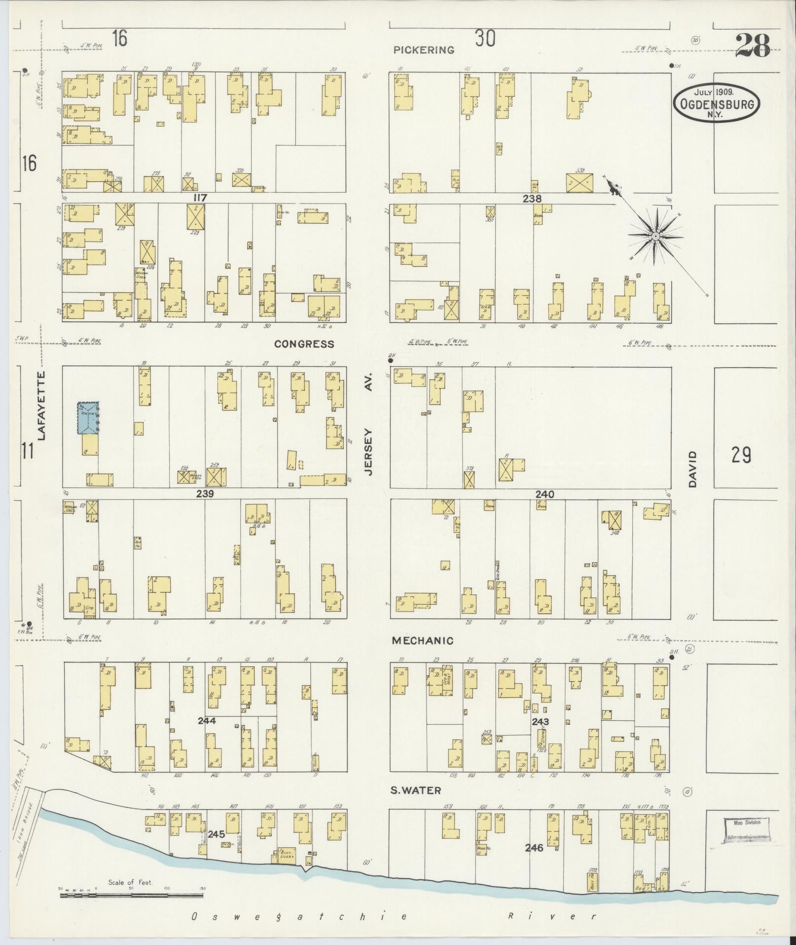 Sanborn Fire Insurance Map from Ogdensburg, St. Lawrence County, New York (1909), Sheet #0028 - Historic Sanborn Fire Insurance Map Print, vintage old map wall art, antique decor, genealogy gift, New York New York map