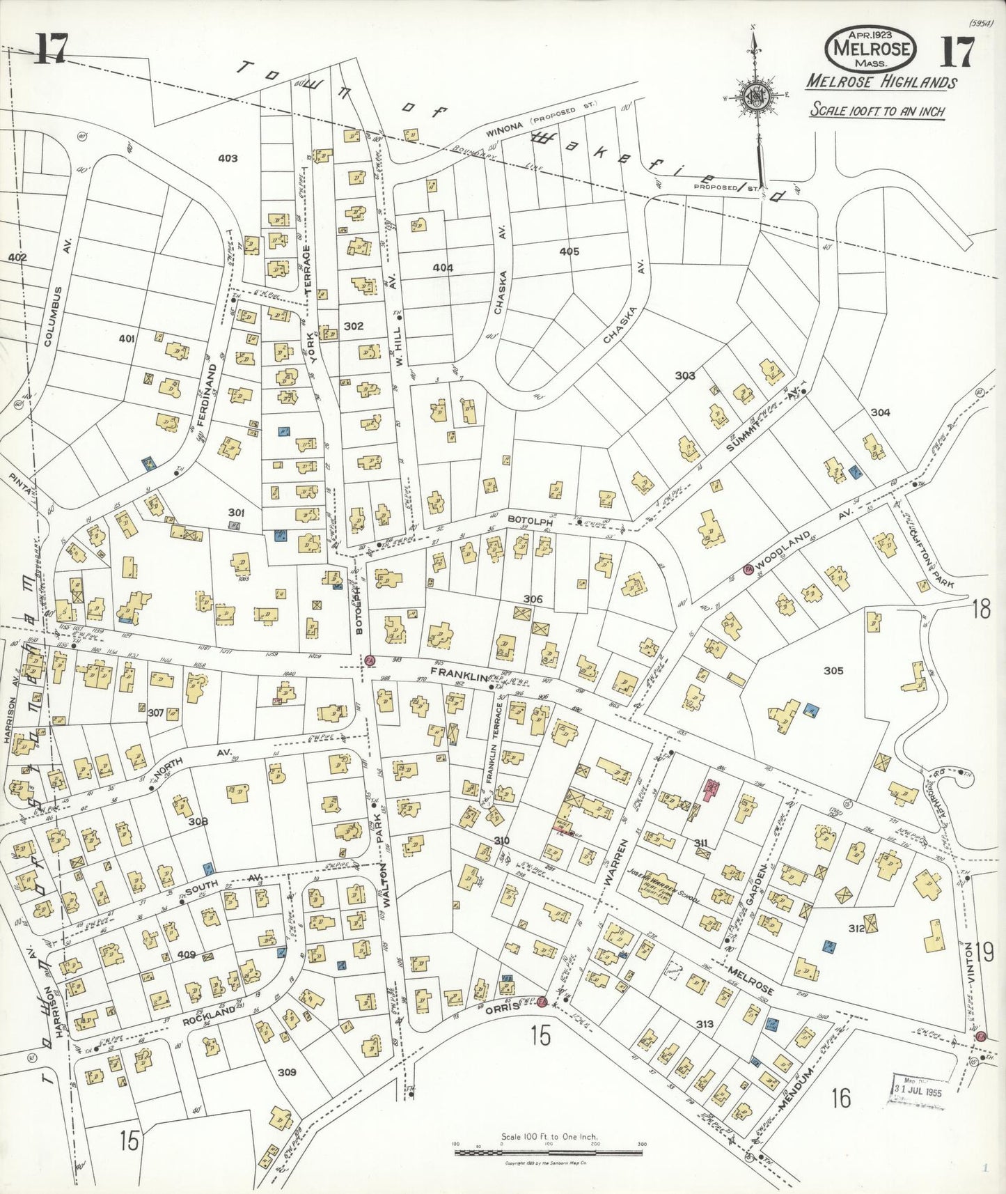 Sanborn Fire Insurance Map from Melrose, Middlesex County, Massachusetts (1923), Sheet #0017 - Complete Map Set gallery image, historic Sanborn map, vintage wall art, Massachusetts Massachusetts