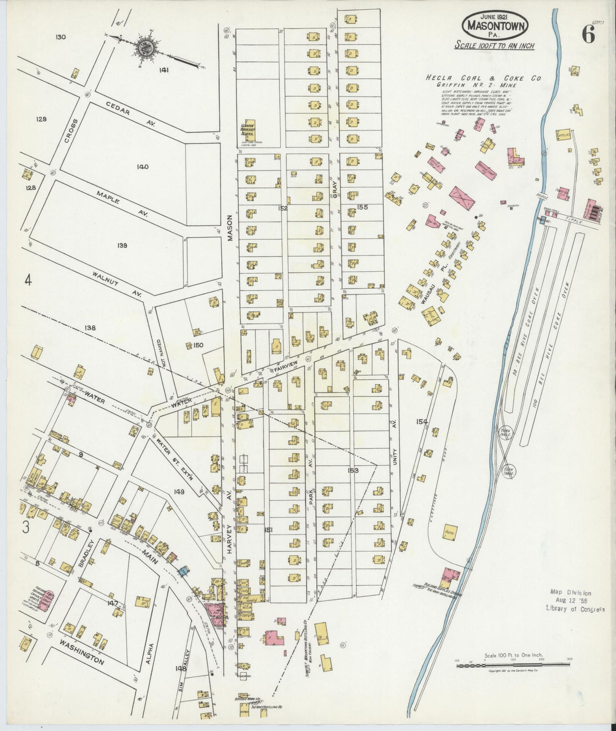 Sanborn Fire Insurance Map from Masontown, Fayette County, Pennsylvania (1921), Sheet #0006 - Historic Sanborn Fire Insurance Map Print, vintage old map wall art, antique decor, genealogy gift, Pennsylvania Pennsylvania map