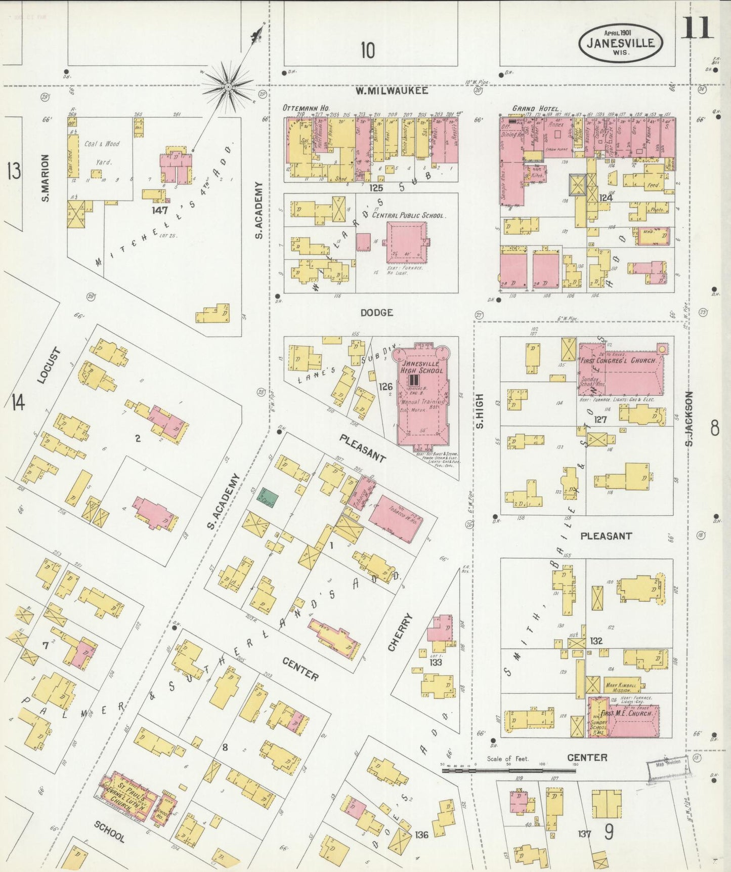 Sanborn Fire Insurance Map from Janesville, Rock County, Wisconsin (1901), Sheet #0011 - Historic Sanborn Fire Insurance Map Print, vintage old map wall art, antique decor, genealogy gift, Wisconsin Wisconsin map