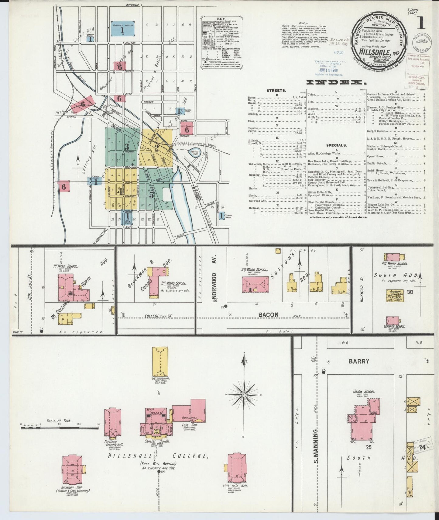 Sanborn Fire Insurance Map from Hillsdale, Hillsdale County, Michigan (1900), Sheet #0001 - Complete Map Set gallery image, historic Sanborn map, vintage wall art, Michigan Michigan