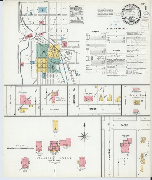 Sanborn Fire Insurance Map from Hillsdale, Hillsdale County, Michigan (1900), Sheet #0001 - Complete Map Set gallery image, historic Sanborn map, vintage wall art, Michigan Michigan