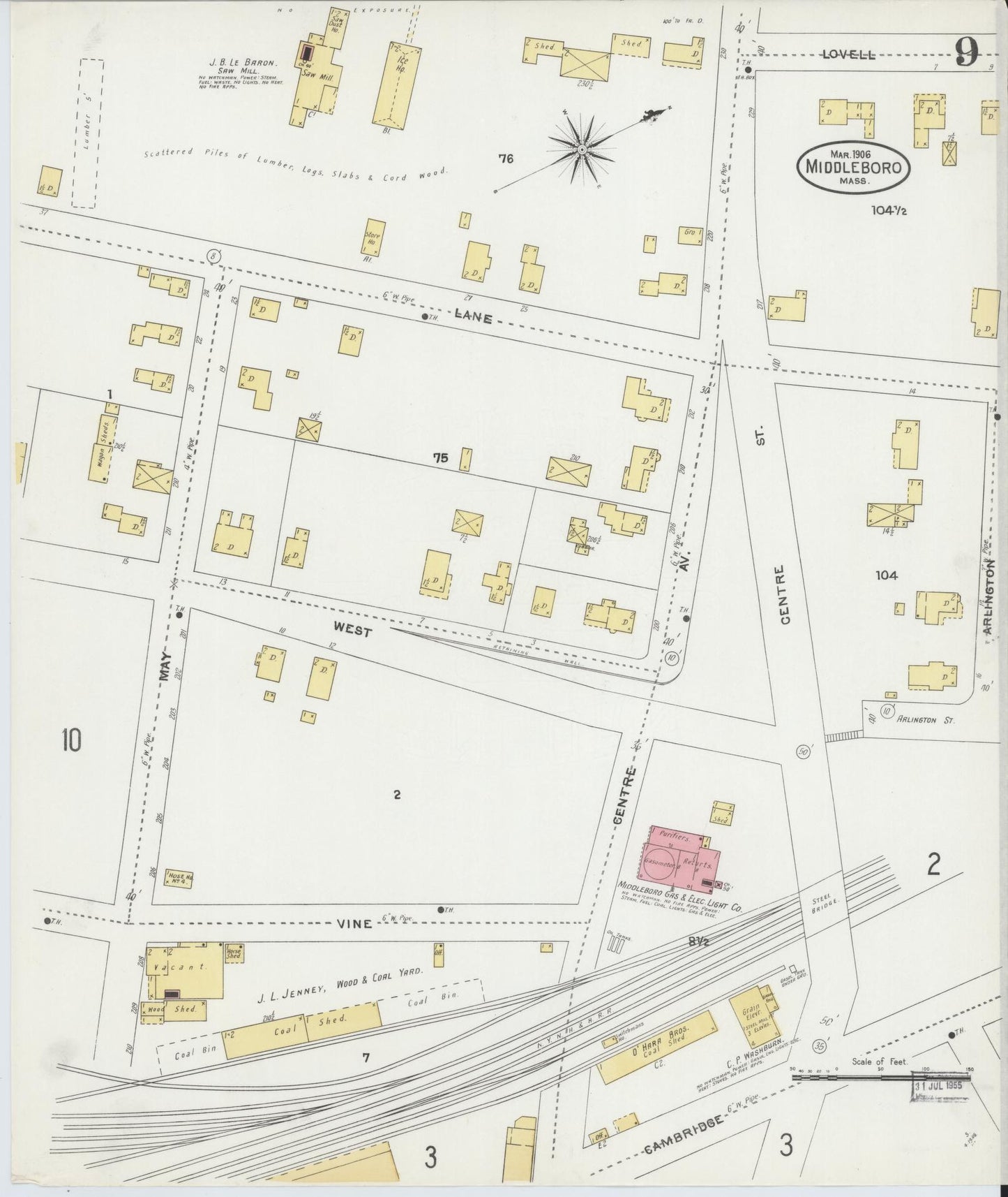 Sanborn Fire Insurance Map from Middleboro, Plymouth County, Massachusetts (1906), Sheet #0009 - Complete Map Set gallery image, historic Sanborn map, vintage wall art, Massachusetts Massachusetts