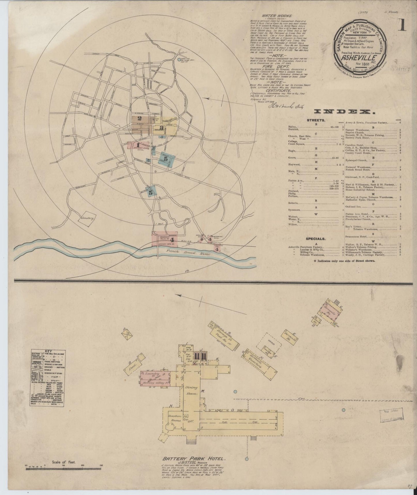 Sanborn Fire Insurance Map from Asheville, Buncombe County, North Carolina (1888), Sheet #0001 - Historic Sanborn Fire Insurance Map Print, vintage old map wall art, antique decor, genealogy gift, North Carolina North Carolina map