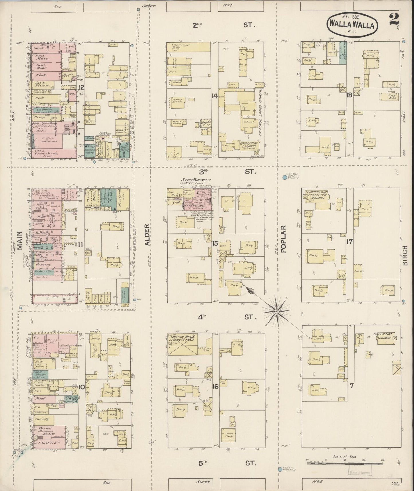 Sanborn Fire Insurance Map from Walla Walla, Walla Walla County, Washington (1889), Sheet #0002 - Complete Map Set gallery image, historic Sanborn map, vintage wall art, Washington Washington