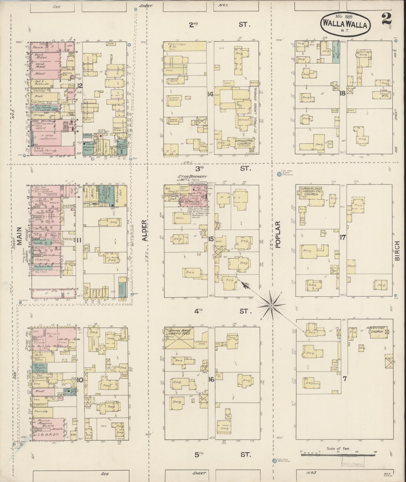 Sanborn Fire Insurance Map from Walla Walla, Walla Walla County, Washington (1889), Sheet #0002 - Complete Map Set gallery image, historic Sanborn map, vintage wall art, Washington Washington