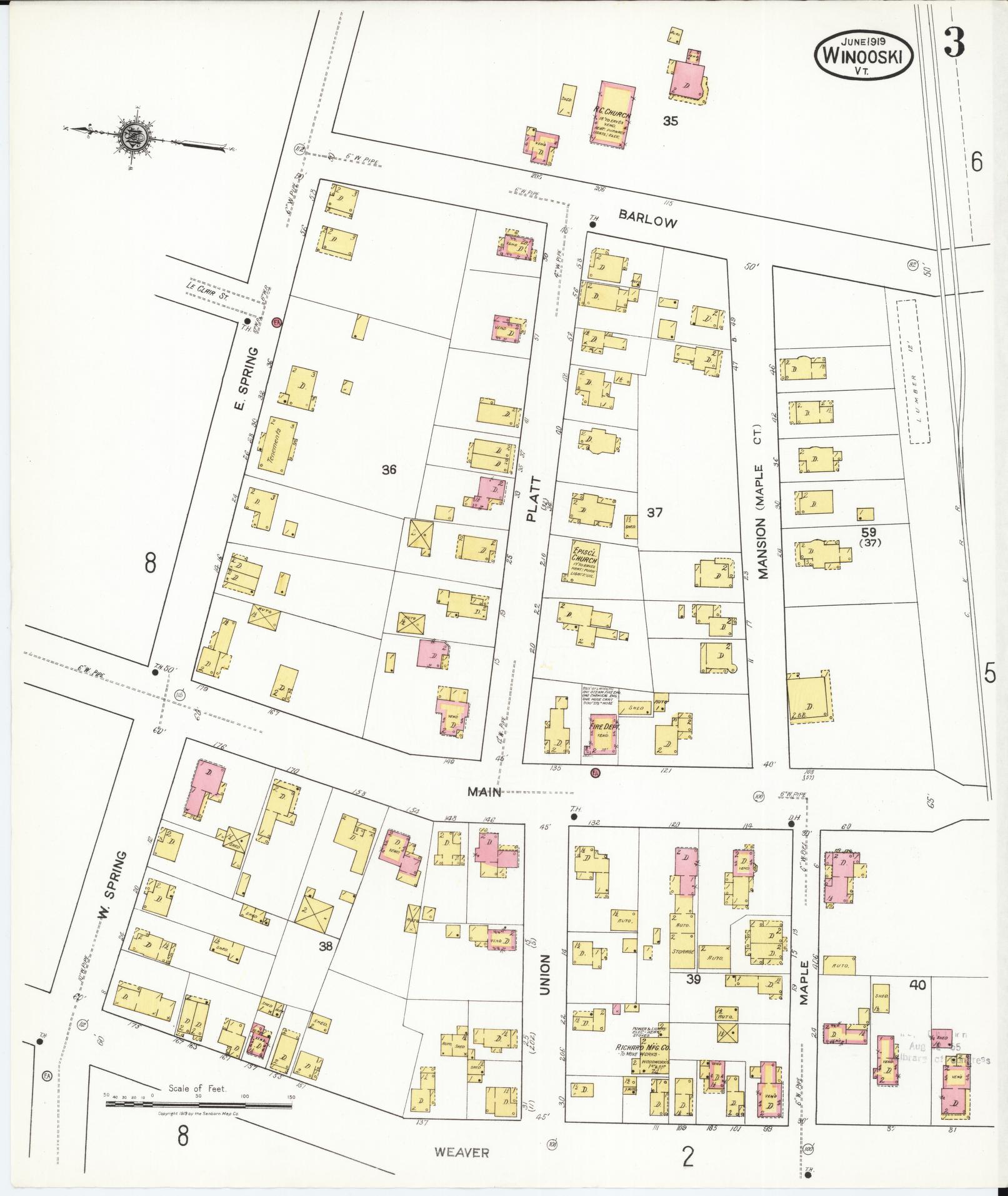 Sanborn Fire Insurance Map from Winooski, Chittenden County, Vermont (1919), Sheet #0003 - Complete Map Set gallery image, historic Sanborn map, vintage wall art, Vermont Vermont