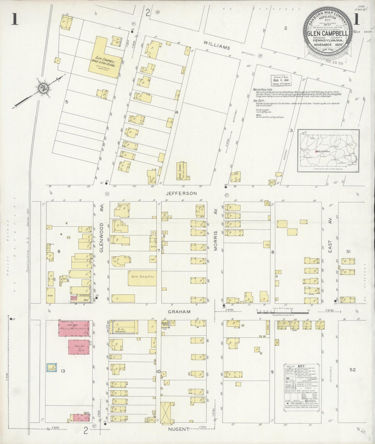 Sanborn Fire Insurance Map from Glen Campbell, Indiana County, Pennsylvania (1929), Sheet #0001 - Historic Sanborn Fire Insurance Map Print, vintage old map wall art, antique decor, genealogy gift, Pennsylvania Pennsylvania map