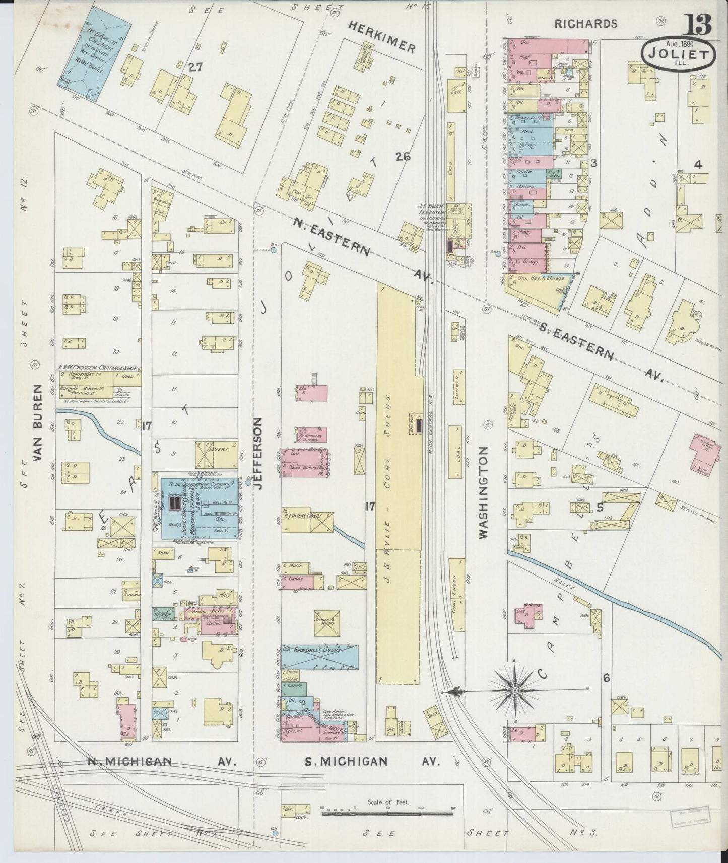 Sanborn Fire Insurance Map from Joliet, Will County, Illinois (1891), Sheet #0013 - Complete Map Set gallery image, historic Sanborn map, vintage wall art, Illinois Illinois