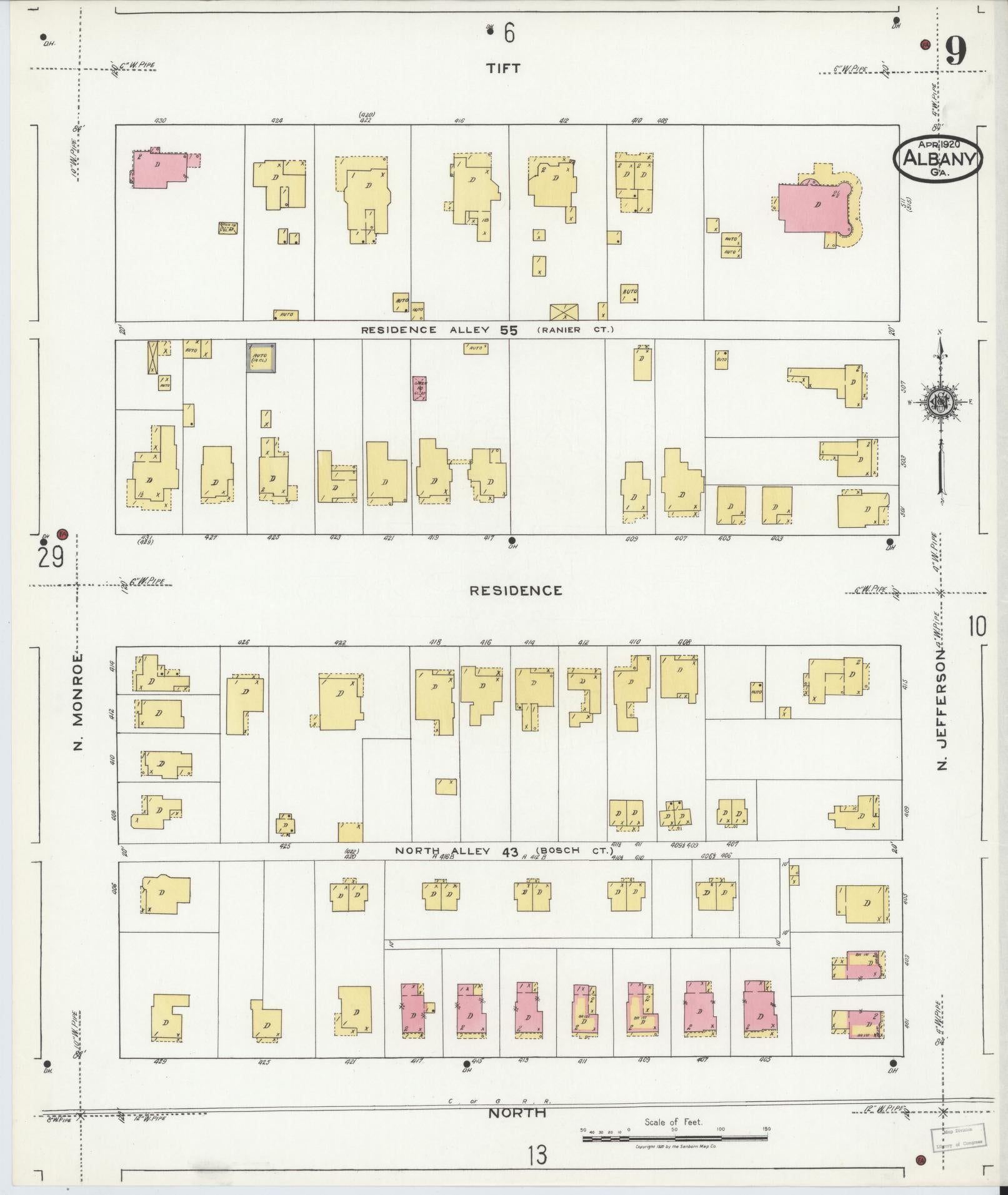 Sanborn Fire Insurance Map from Albany, Dougherty County, Georgia (1920), Sheet #0009 - Complete Map Set gallery image, historic Sanborn map, vintage wall art, Georgia Georgia