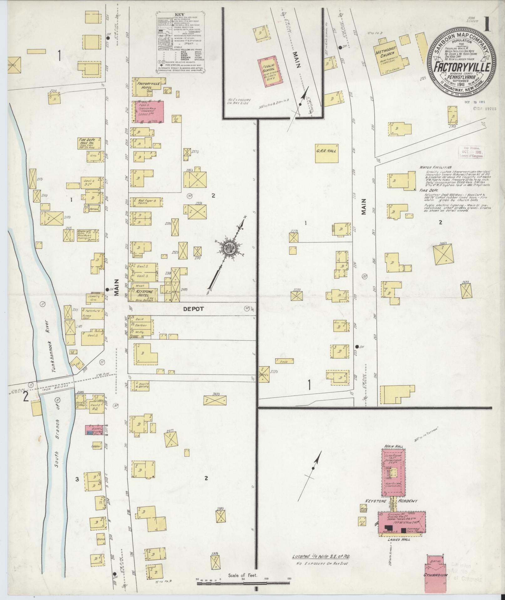 Sanborn Fire Insurance Map from Factoryville, Wyoming County, Pennsylvania (1911), Sheet #0001 - Historic Sanborn Fire Insurance Map Print, vintage old map wall art, antique decor, genealogy gift, Pennsylvania Pennsylvania map