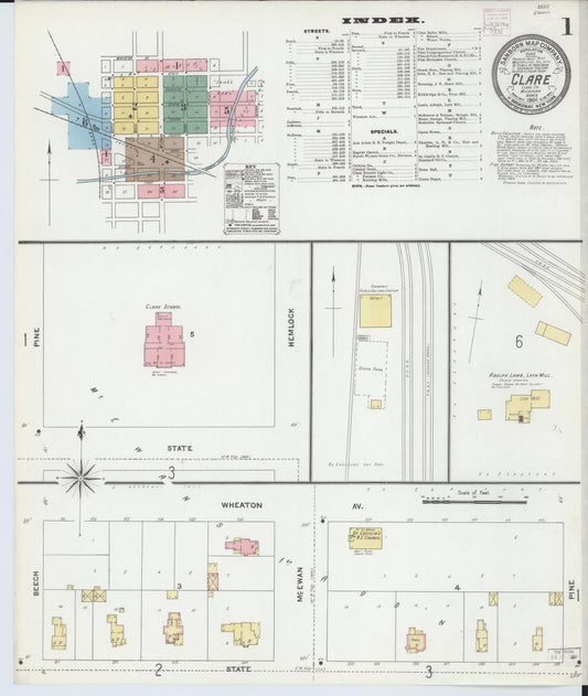 Sanborn Fire Insurance Map from Clare, Clare County, Michigan (1906), Sheet #0001 - Complete Map Set gallery image, historic Sanborn map, vintage wall art, Michigan Michigan