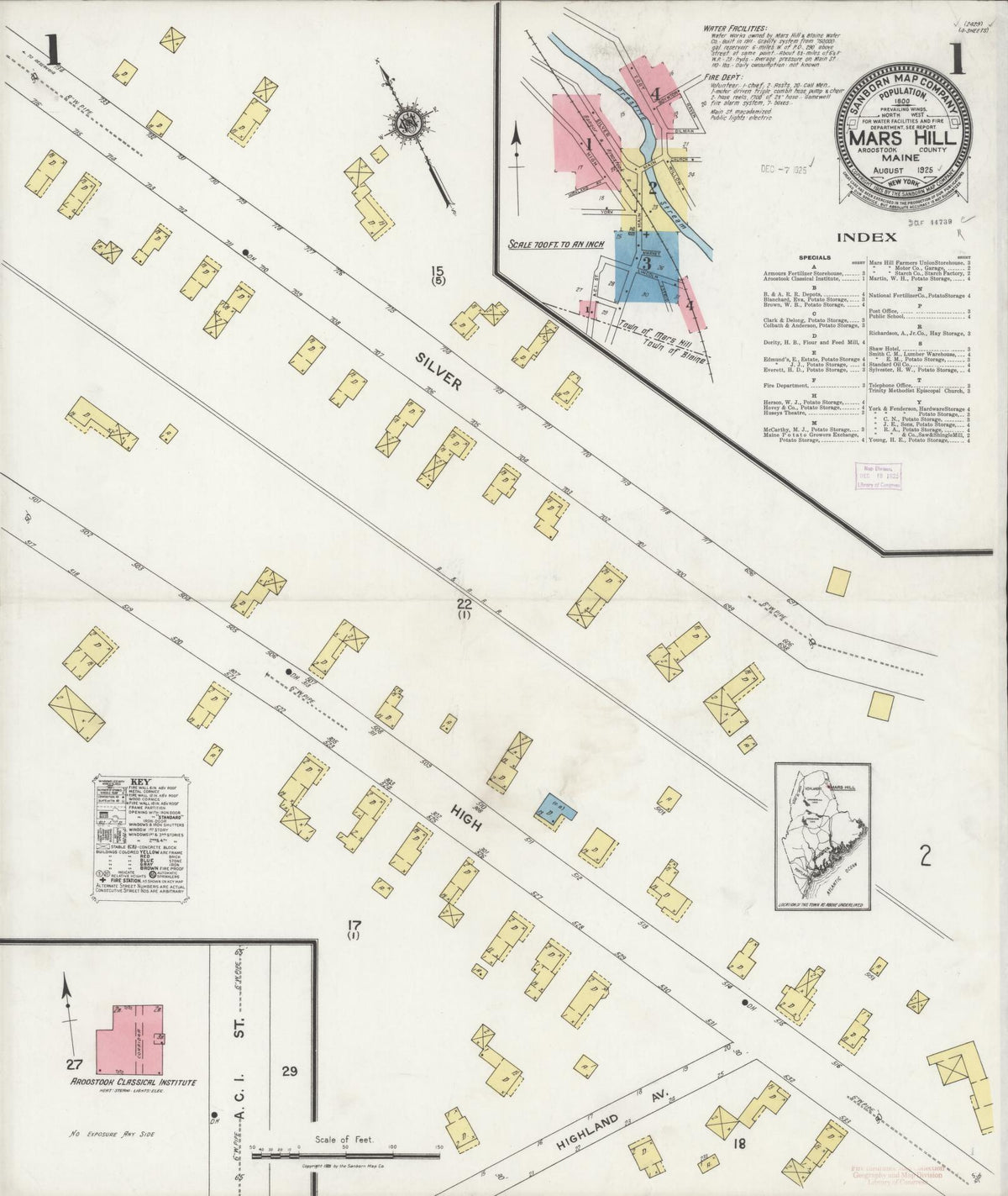 Sanborn Fire Insurance Map from Mars Hill, Aroostook County, Maine (1925), Sheet #0001 - Complete Map Set gallery image, historic Sanborn map, vintage wall art, Maine Maine