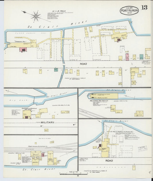 Sanborn Fire Insurance Map from Port Huron, Saint Clair County, Michigan (1892), Sheet #0013 - Historic Sanborn Fire Insurance Map Print, vintage old map wall art, antique decor, genealogy gift, Michigan Michigan map