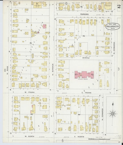Sanborn Fire Insurance Map from Kalamazoo, Kalamazoo County, Michigan (1896), Sheet #0002 - Historic Sanborn Fire Insurance Map Print, vintage old map wall art, antique decor, genealogy gift, Michigan Michigan map