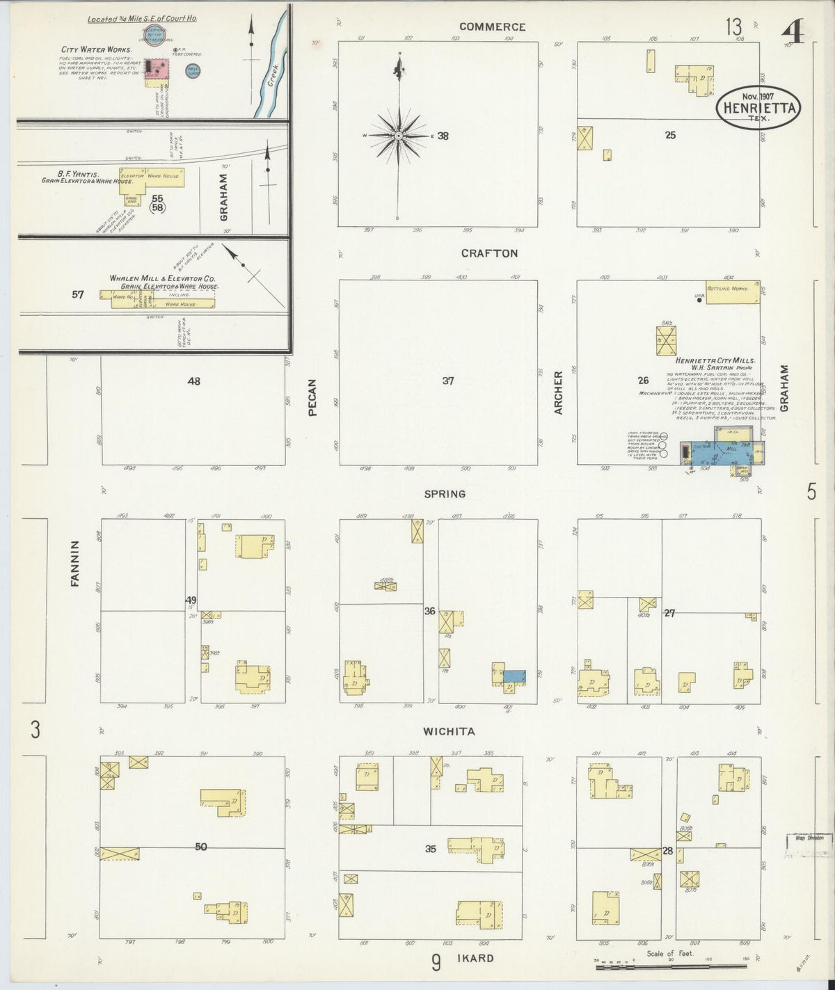 Sanborn Fire Insurance Map from Henrietta, Clay County, Texas (1907), Sheet #0004 - Complete Map Set gallery image, historic Sanborn map, vintage wall art, Texas Texas