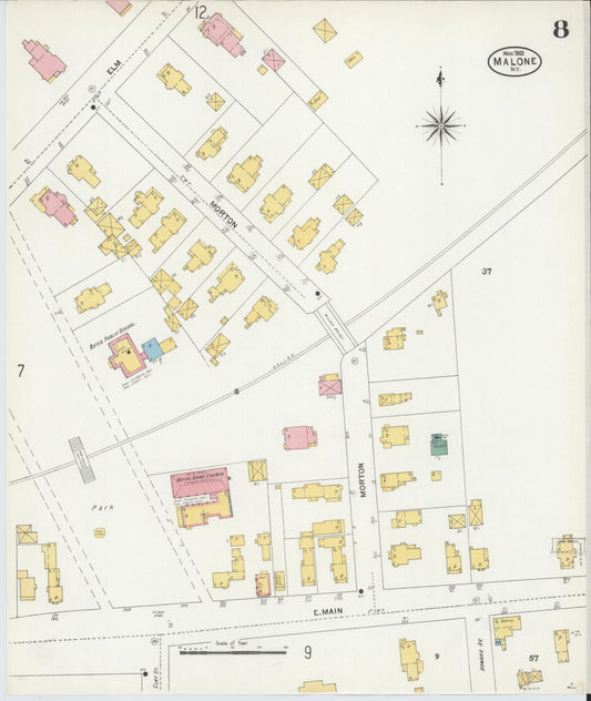 Sanborn Fire Insurance Map from Malone, Franklin County, New York (1903), Sheet #0008 - Historic Sanborn Fire Insurance Map Print, vintage old map wall art, antique decor, genealogy gift, New York New York map