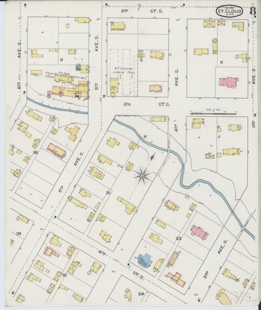 Sanborn Fire Insurance Map from Saint Cloud, Stearns, Benton, and Sherburne Counties, Minnesota (1893), Sheet #0008 - Historic Sanborn Fire Insurance Map Print, vintage old map wall art, antique decor, genealogy gift, Minnesota Minnesota map