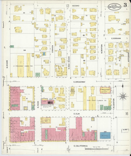 Sanborn Fire Insurance Map from Gainesville, Cooke County, Texas (1908), Sheet #0003 - Historic Sanborn Fire Insurance Map Print, vintage old map wall art, antique decor, genealogy gift, Texas Texas map