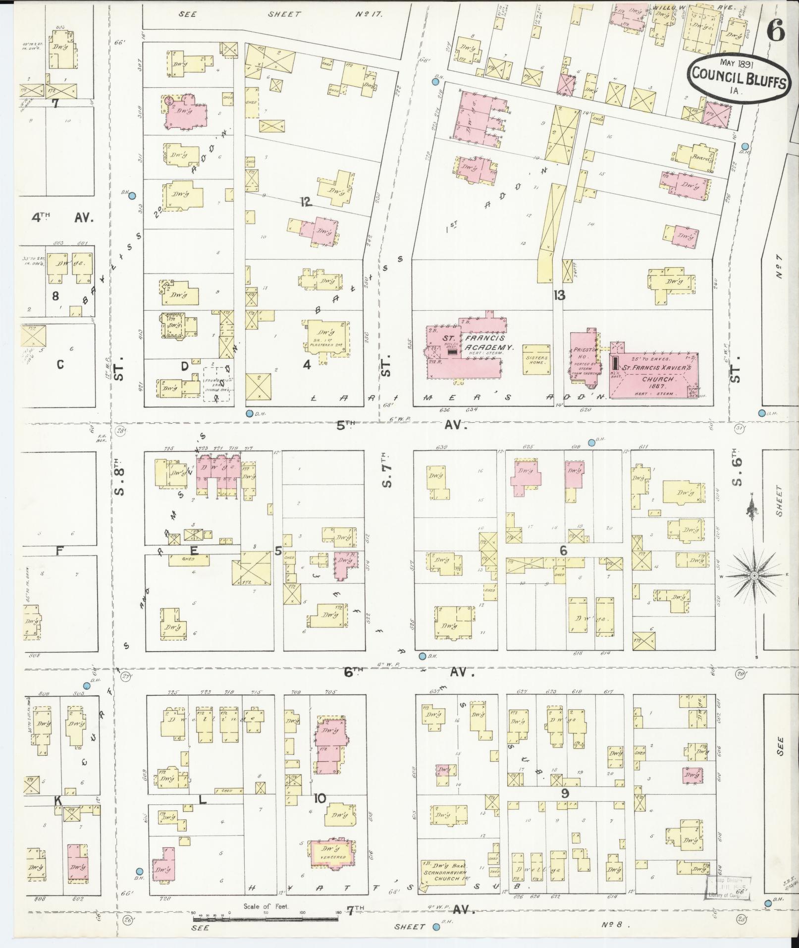 Sanborn Fire Insurance Map from Council Bluffs, Pottawattamie County, Iowa (1891), Sheet #0006 - Historic Sanborn Fire Insurance Map Print, vintage old map wall art