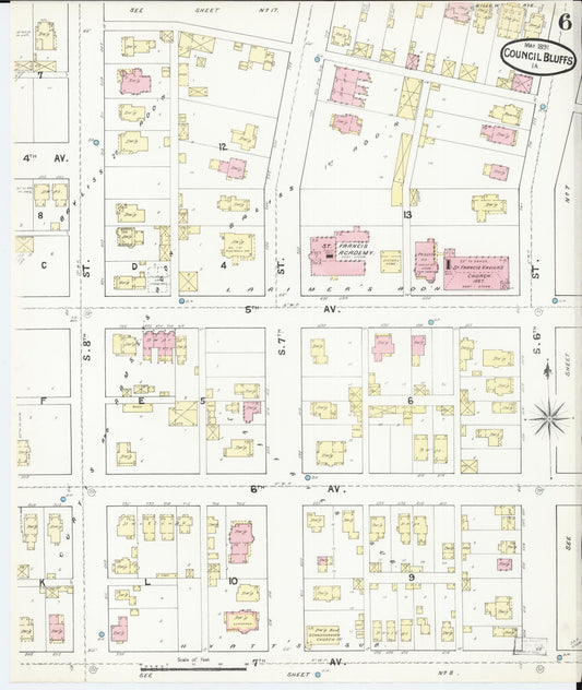 Sanborn Fire Insurance Map from Council Bluffs, Pottawattamie County, Iowa (1891), Sheet #0006 - Historic Sanborn Fire Insurance Map Print, vintage old map wall art