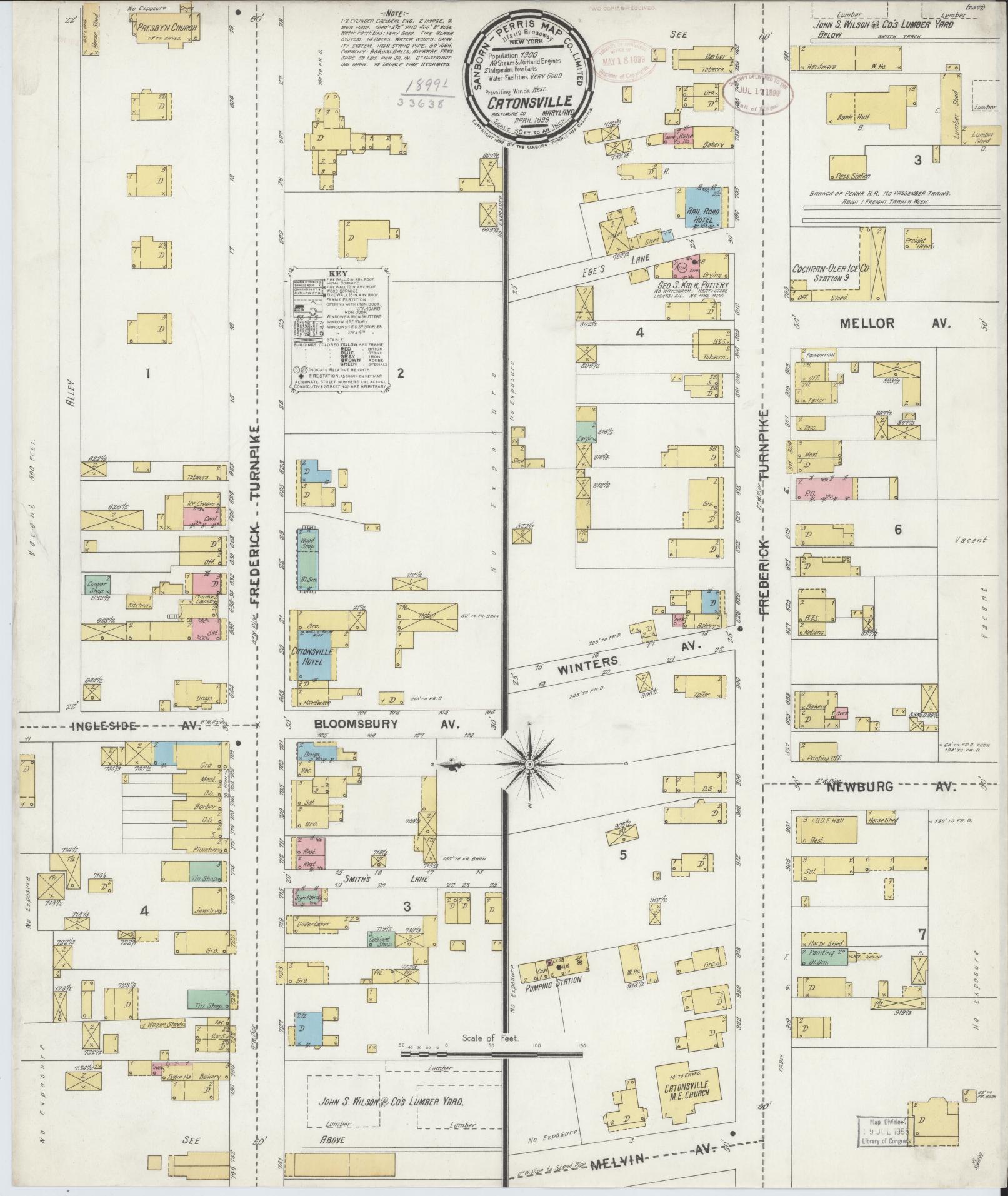 Sanborn Fire Insurance Map from Catonsville, Baltimore County, Maryland (1899), Sheet #0001 - Historic Sanborn Fire Insurance Map Print, vintage old map wall art, antique decor, genealogy gift, Maryland Maryland map
