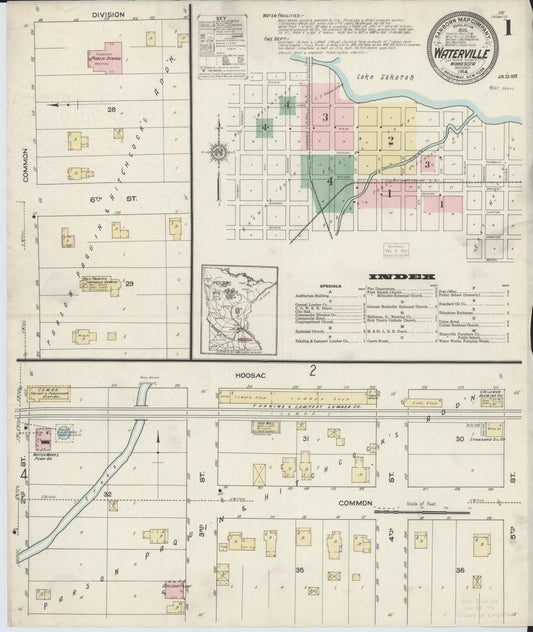 Sanborn Fire Insurance Map from Waterville, Le Sueur County, Minnesota (1914), Sheet #0001 - Historic Sanborn Fire Insurance Map Print, vintage old map wall art, antique decor, genealogy gift, Minnesota Minnesota map