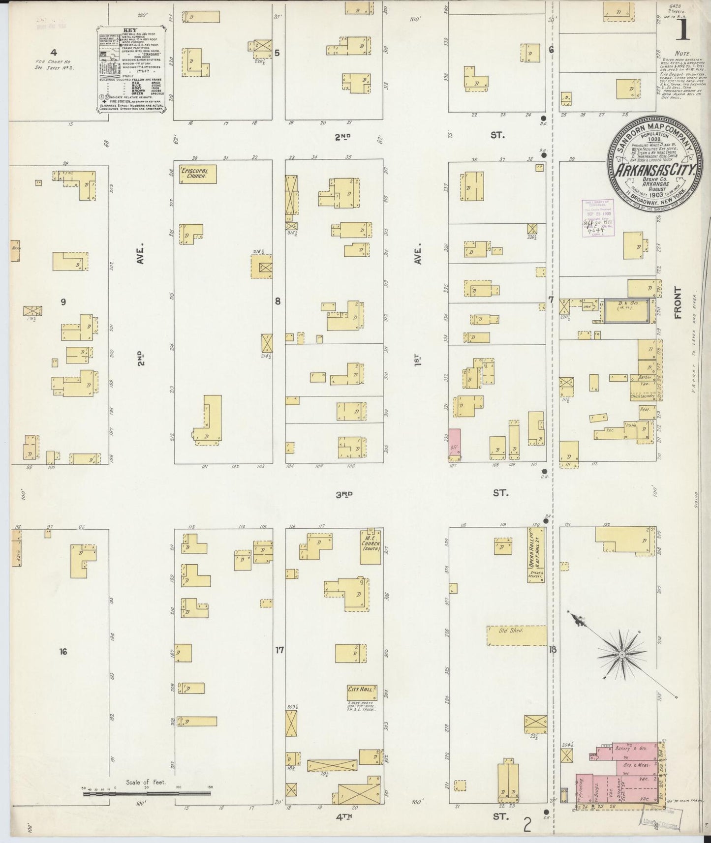 Sanborn Fire Insurance Map from Arkansas City, Desha County, Arkansas (1903), Sheet #0001 - Historic Sanborn Fire Insurance Map Print, vintage old map wall art, antique decor, genealogy gift, Arkansas Arkansas map