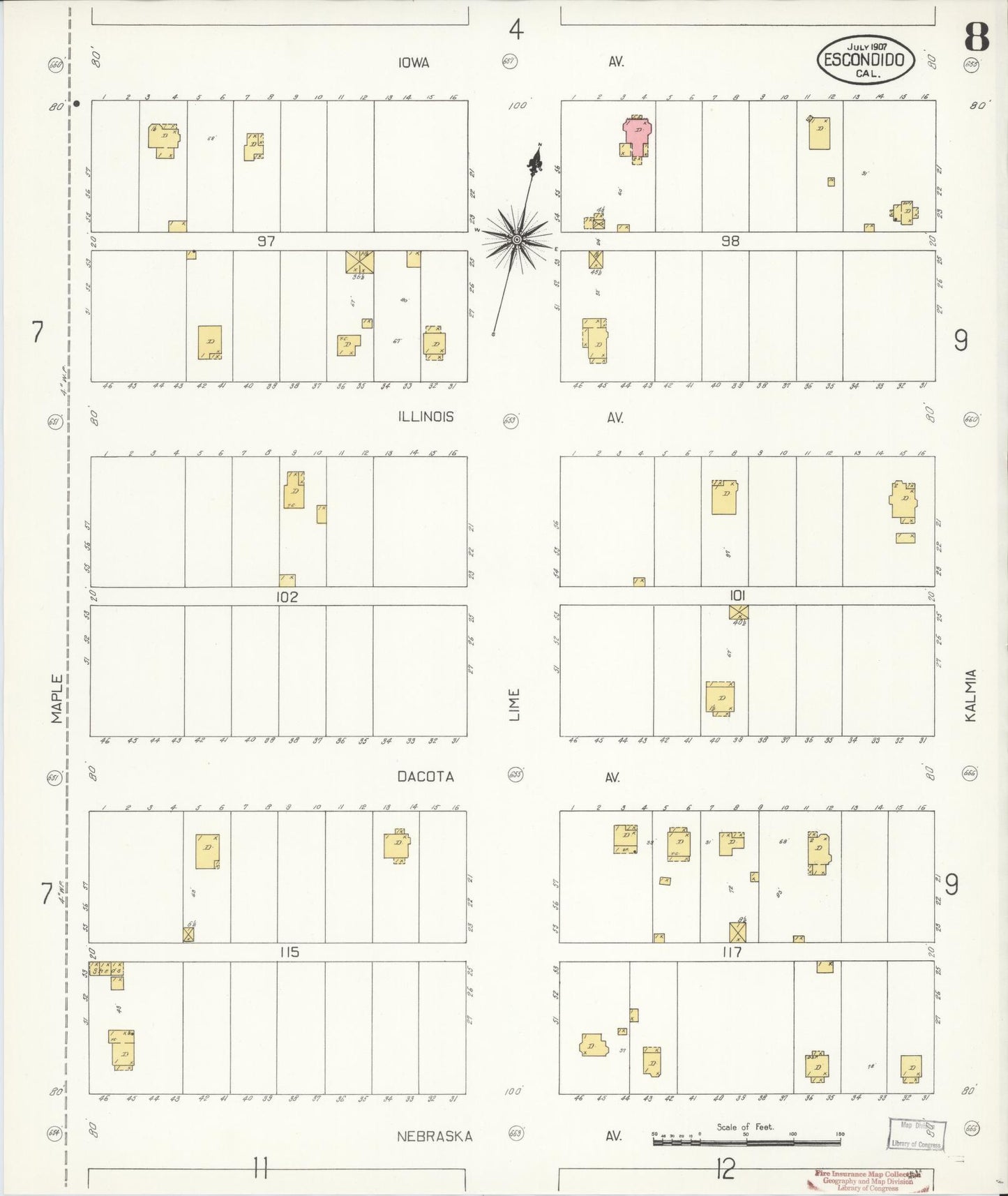 Sanborn Fire Insurance Map from Escondido, San Diego County, California (1907), Sheet #0008 - Complete Map Set gallery image, historic Sanborn map, vintage wall art, California California