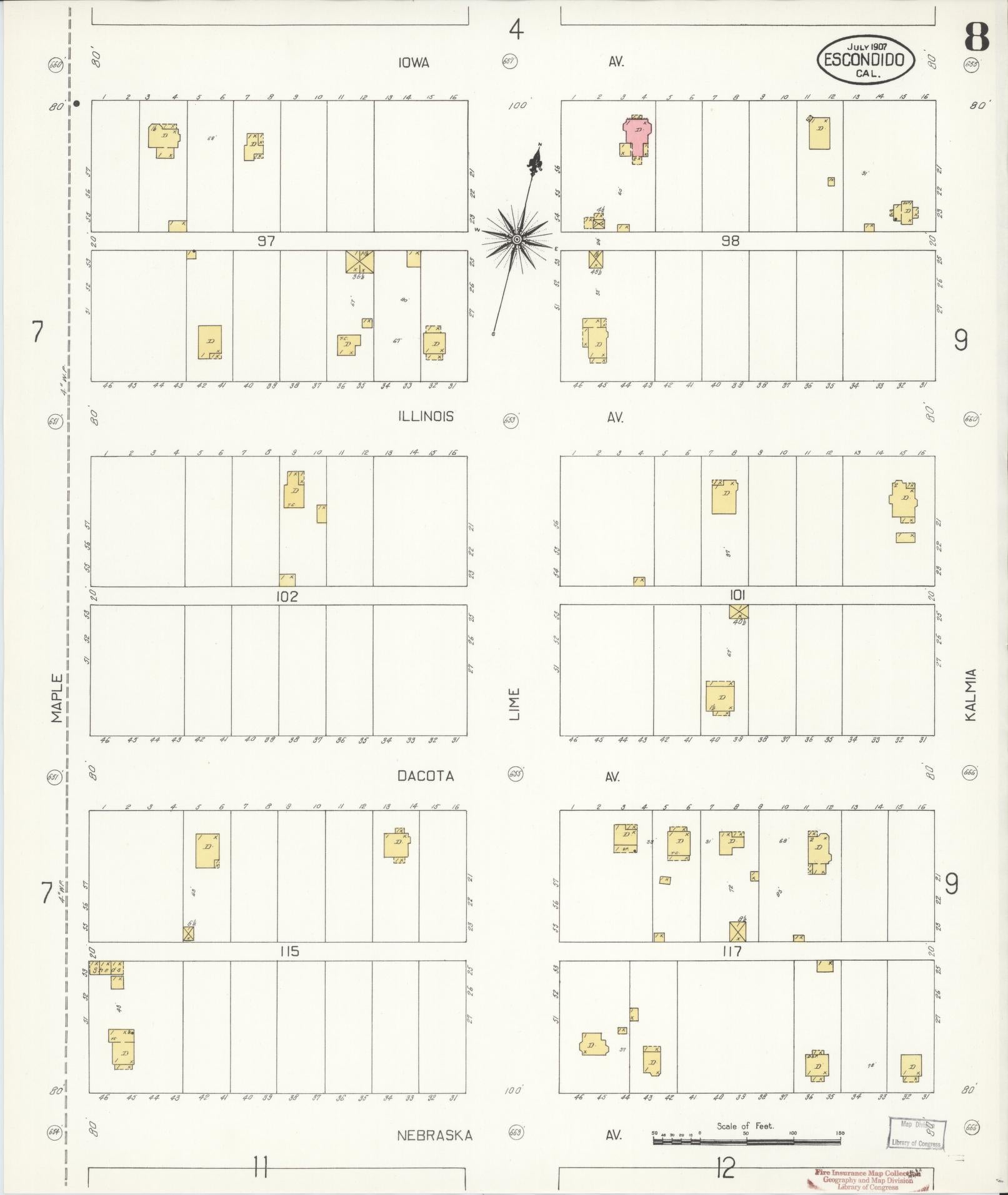 Sanborn Fire Insurance Map from Escondido, San Diego County, California (1907), Sheet #0008 - Complete Map Set gallery image, historic Sanborn map, vintage wall art, California California
