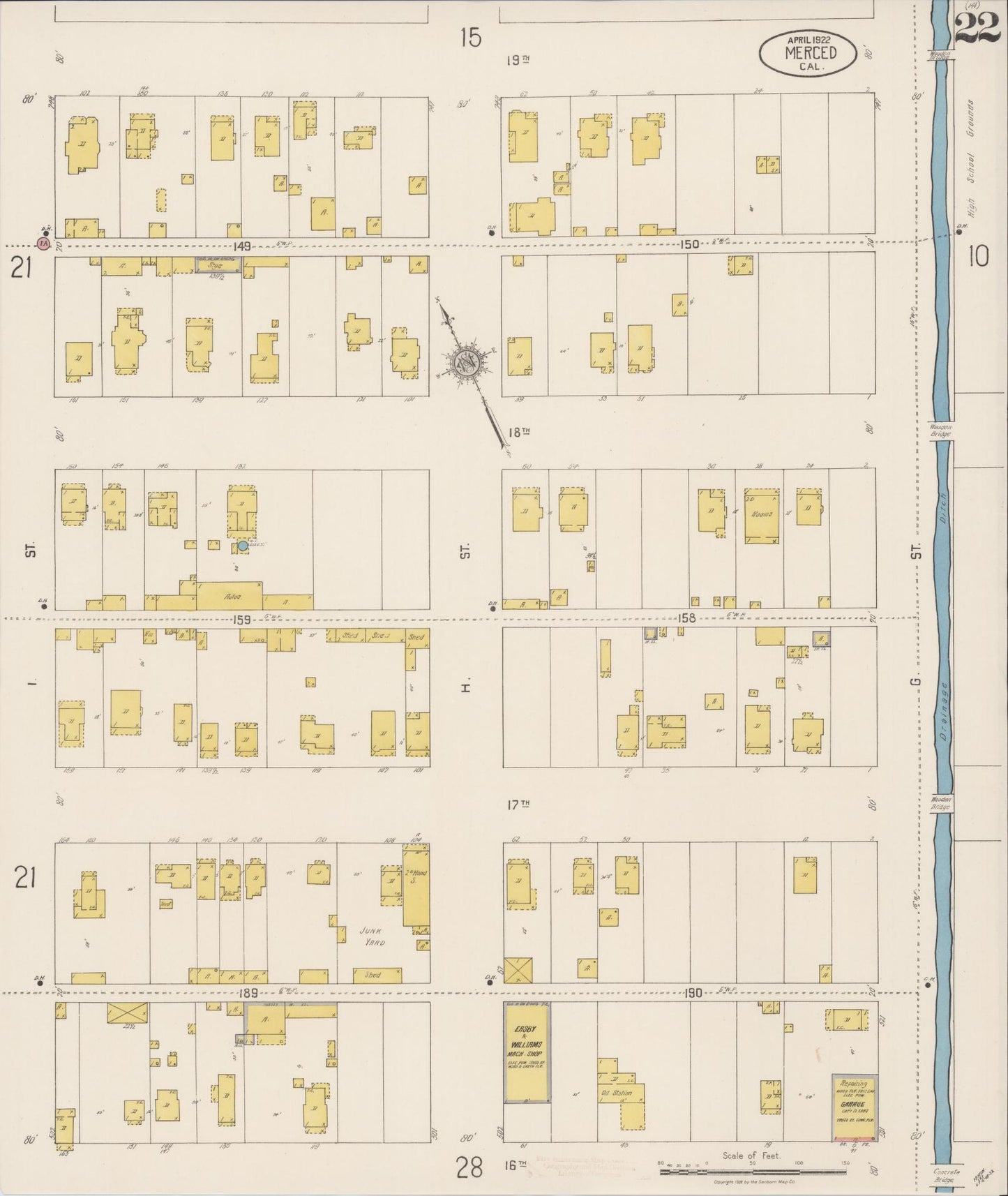 Sanborn Fire Insurance Map from Merced, Merced County, California (1922), Sheet #0022 - Historic Sanborn Fire Insurance Map Print, vintage old map wall art, antique decor, genealogy gift, California California map