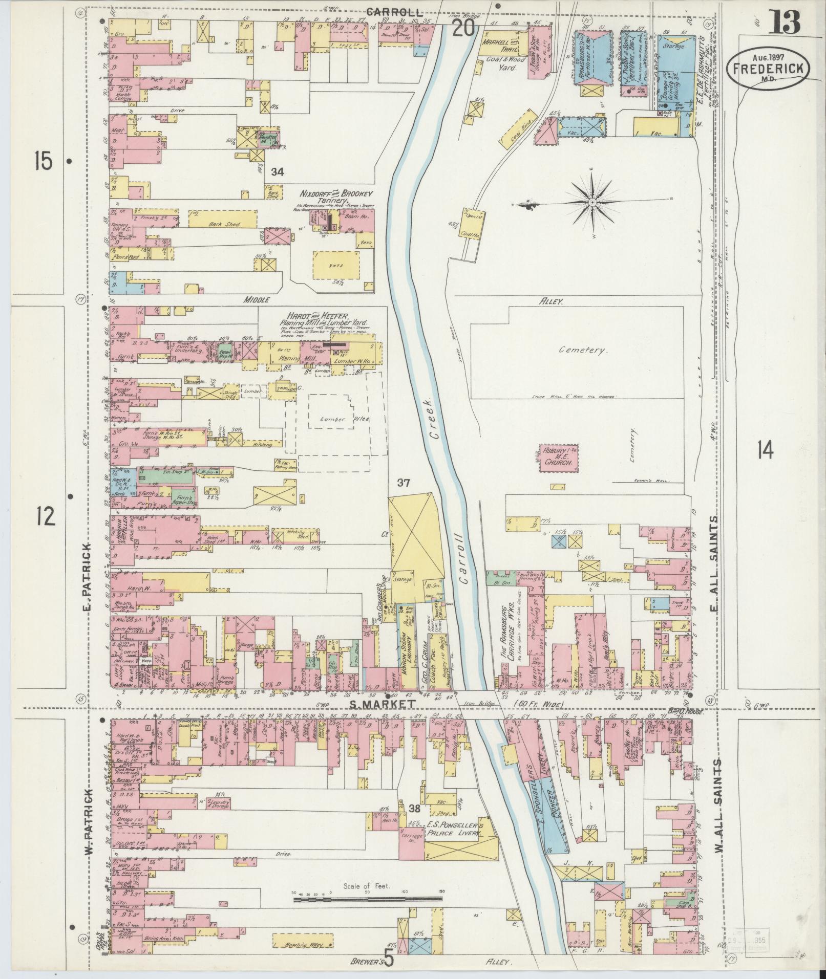 Frederick, Maryland - 1897 - Sanborn Fire Insurance Map, Sheet #0013 - Historic Sanborn Fire Insurance Map Print, Frederick Maryland 1897 0013 vintage old map wall art