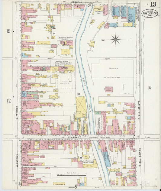 Frederick, Maryland - 1897 - Sanborn Fire Insurance Map, Sheet #0013 - Historic Sanborn Fire Insurance Map Print, Frederick Maryland 1897 0013 vintage old map wall art