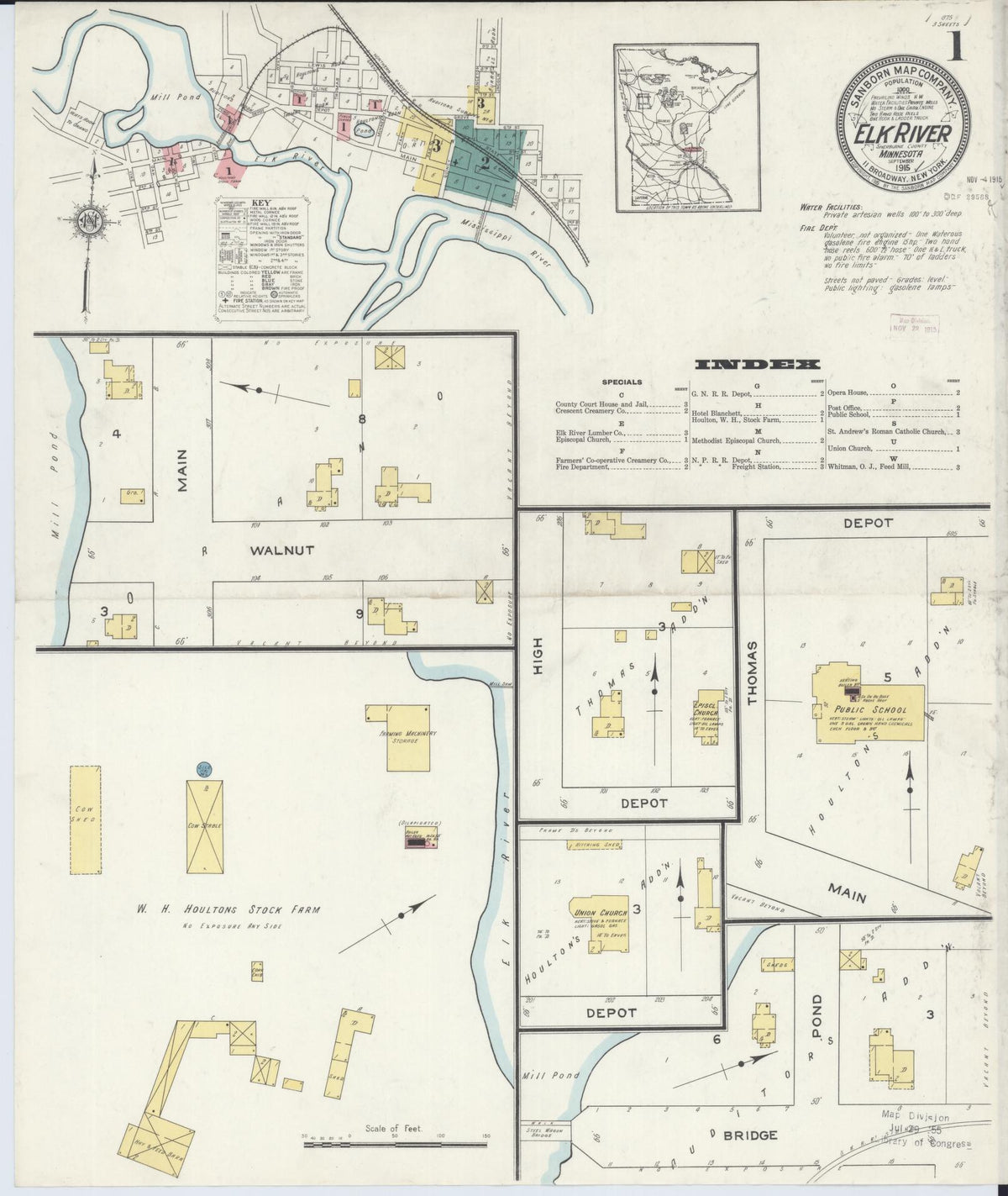 Sanborn Fire Insurance Map from Elk River, Sherburne County, Minnesota (1915), Sheet #0001 - Complete Map Set gallery image, historic Sanborn map, vintage wall art, Minnesota Minnesota