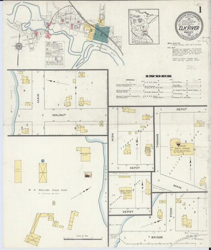 Sanborn Fire Insurance Map from Elk River, Sherburne County, Minnesota (1915), Sheet #0001 - Complete Map Set gallery image, historic Sanborn map, vintage wall art, Minnesota Minnesota