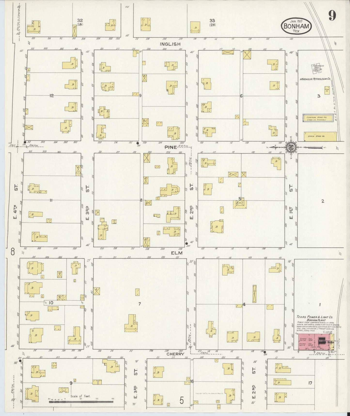 Sanborn Fire Insurance Map from Bonham, Fannin County, Texas (1917), Sheet #0009 - Historic Sanborn Fire Insurance Map Print, vintage old map wall art, antique decor, genealogy gift, Texas Texas map