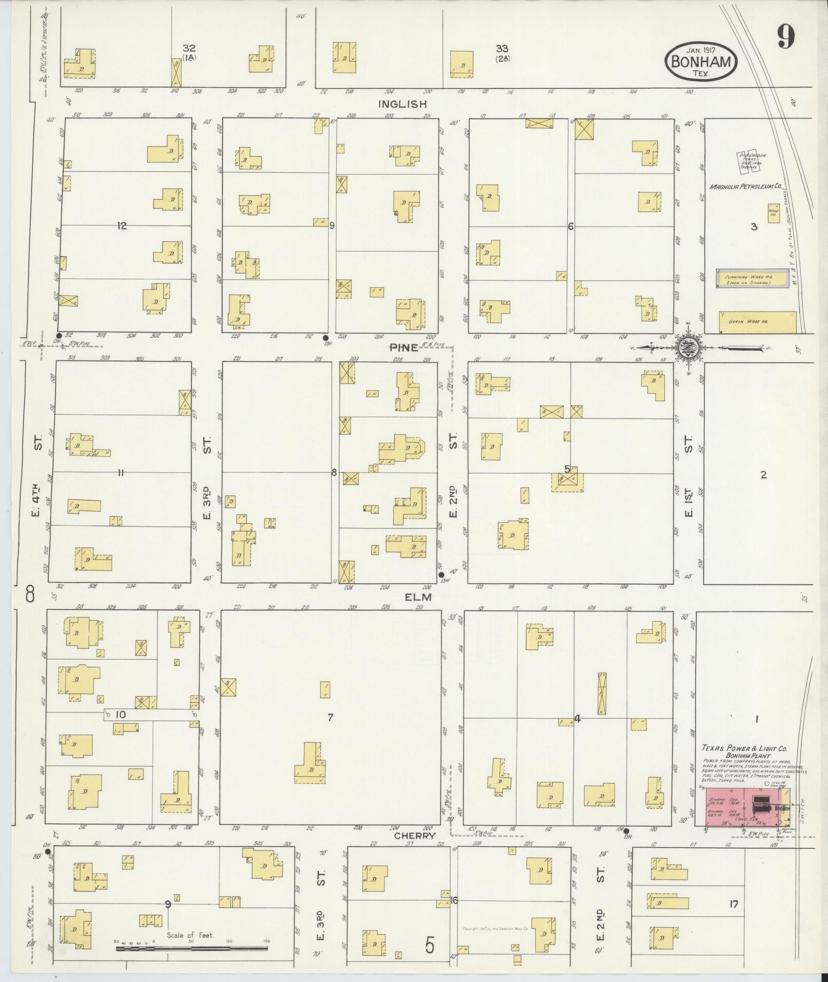 Sanborn Fire Insurance Map from Bonham, Fannin County, Texas (1917), Sheet #0009 - Historic Sanborn Fire Insurance Map Print, vintage old map wall art, antique decor, genealogy gift, Texas Texas map