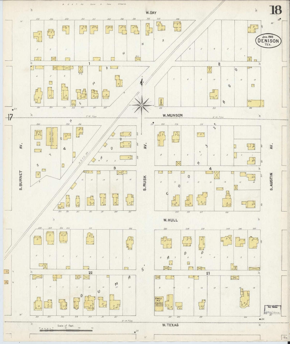 Sanborn Fire Insurance Map from Denison, Grayson County, Texas (1903), Sheet #0018 - Historic Sanborn Fire Insurance Map Print, vintage old map wall art, antique decor, genealogy gift, Texas Texas map