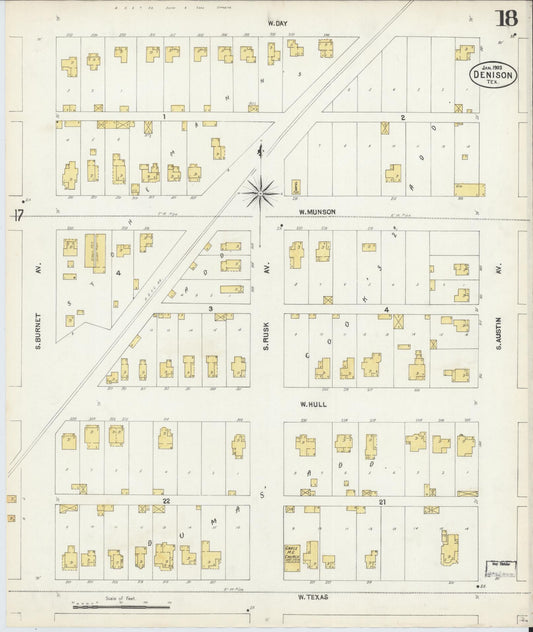Sanborn Fire Insurance Map from Denison, Grayson County, Texas (1903), Sheet #0018 - Historic Sanborn Fire Insurance Map Print, vintage old map wall art, antique decor, genealogy gift, Texas Texas map