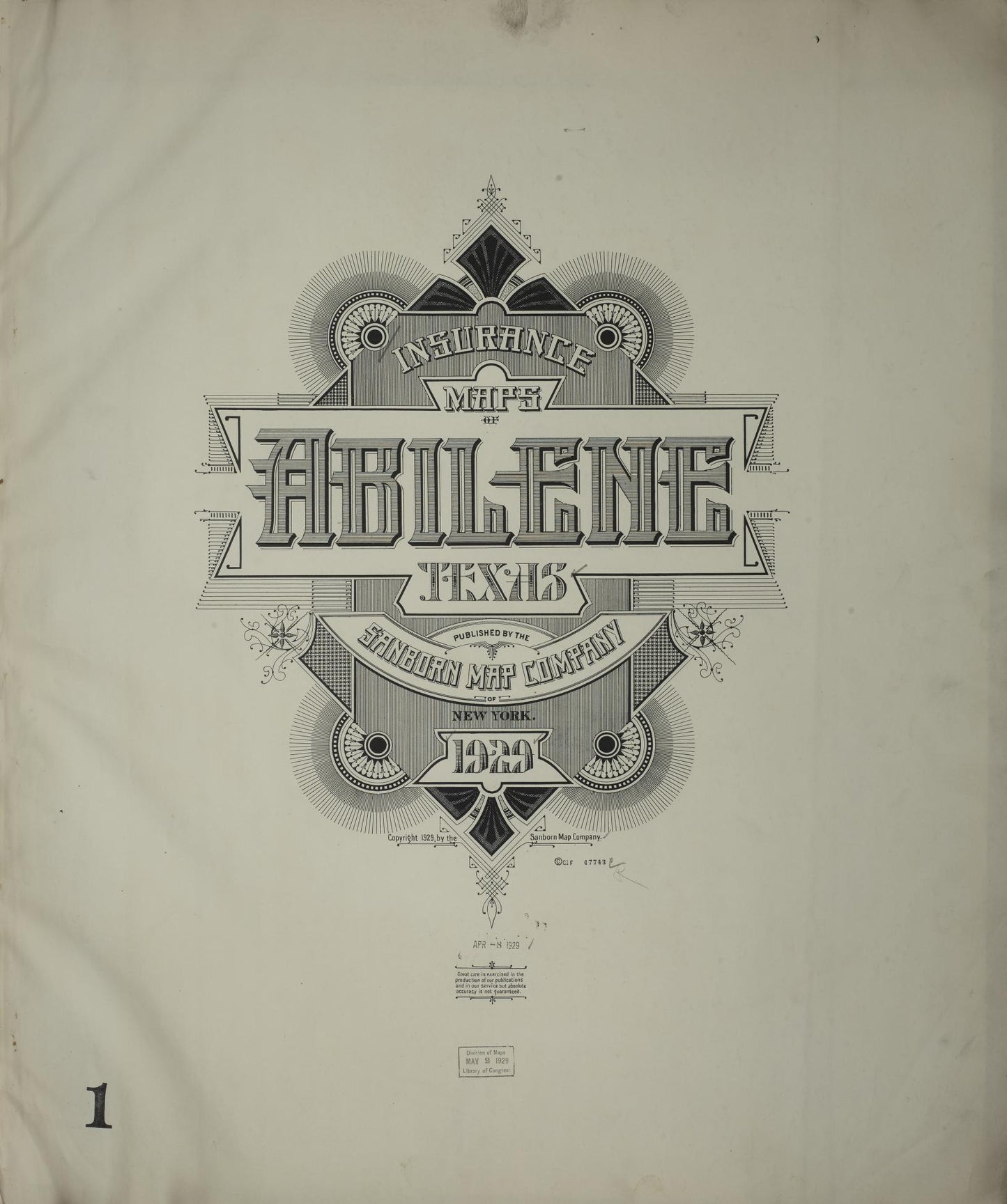 Sanborn Fire Insurance Map from Abilene, Taylor County, Texas (1929), Sheet #0001 - Historic Sanborn Fire Insurance Map Print, vintage old map wall art, antique decor, genealogy gift, Texas Texas map