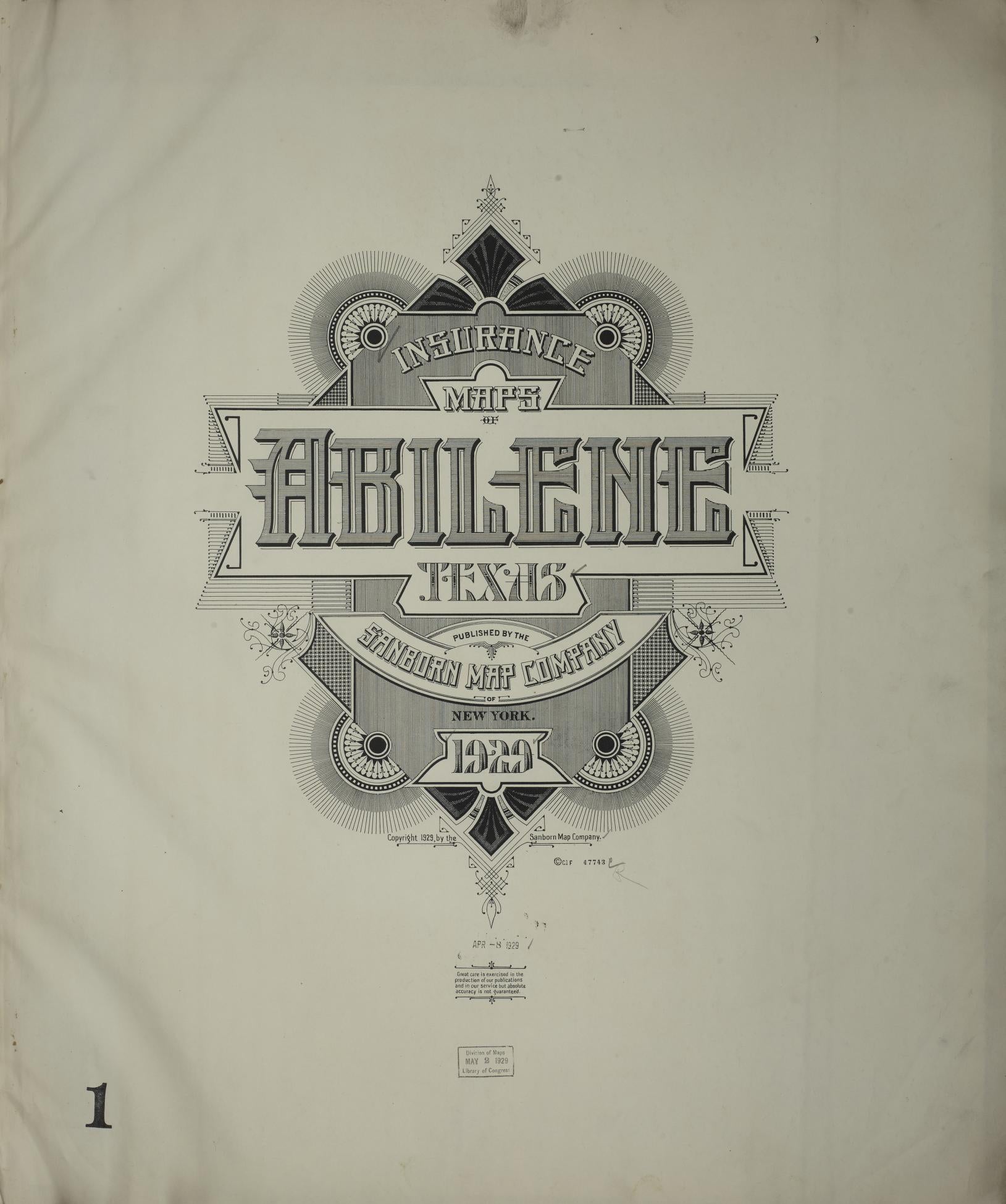 Sanborn Fire Insurance Map from Abilene, Taylor County, Texas (1929), Sheet #0001 - Historic Sanborn Fire Insurance Map Print, vintage old map wall art, antique decor, genealogy gift, Texas Texas map