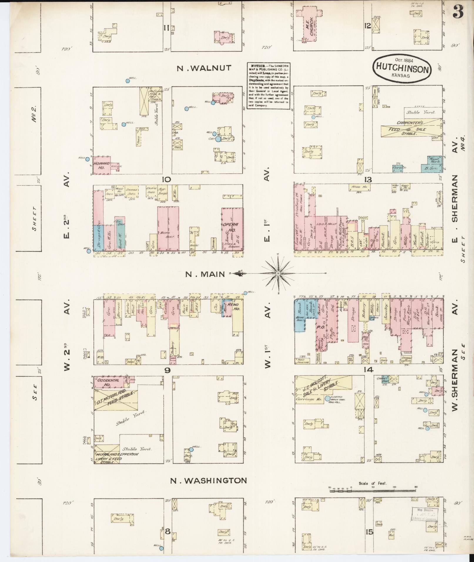 Sanborn Fire Insurance Map from Hutchinson, Reno County, Kansas (1884), Sheet #0003 - Complete Map Set gallery image, historic Sanborn map, vintage wall art, Kansas Kansas